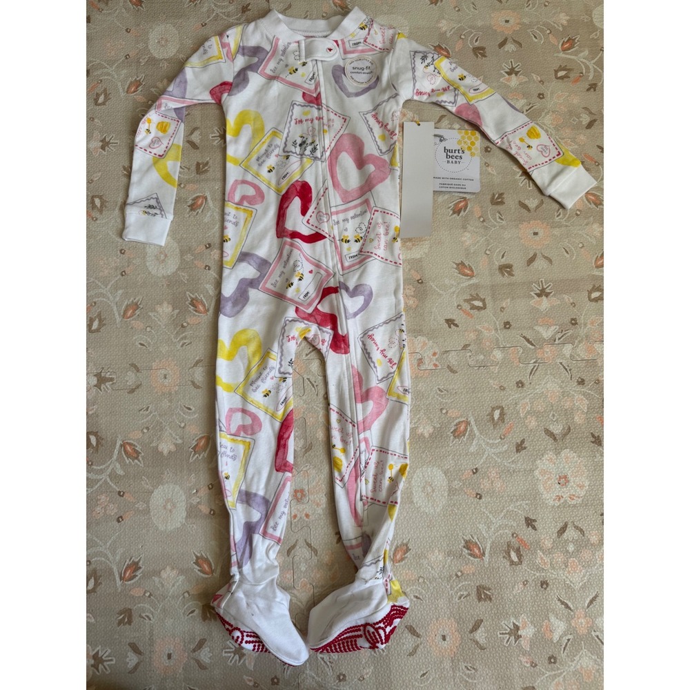 Burt's Bees Baby Valentine Hearts Organic Cotton Zip Front‎ Footed Sleeper 18M
